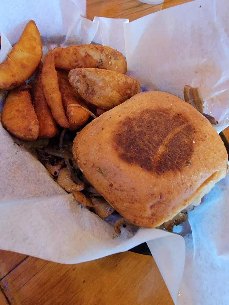 Swiss Mushroom Burger and Potato Wedges